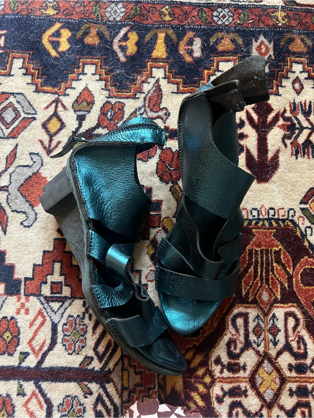 Trippen Tough F Metallic Teal Strappy Wedge Sandal, size 37 - Picture 2 of 5